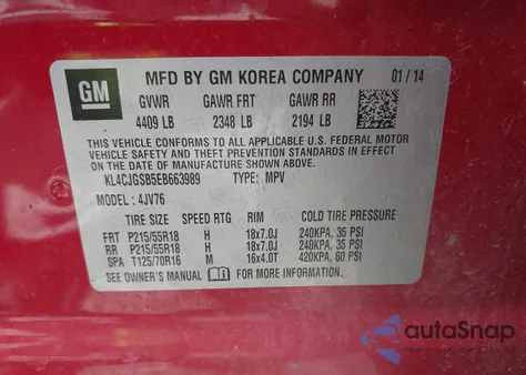 2014 Buick Encore Leather из США, поврежденный, VIN KL4CJGSB5EB663989